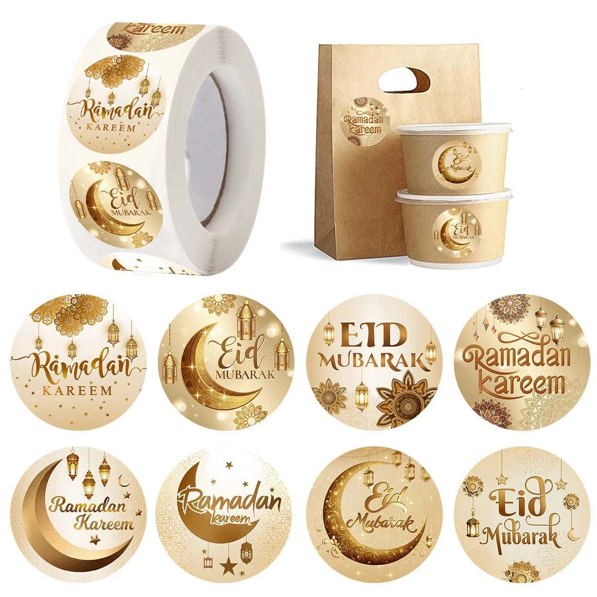 500Pcs Eid Mubarak Stickers Gold 