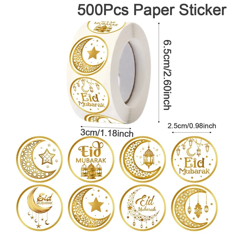 500Pcs Eid Mubarak Stickers Gold 